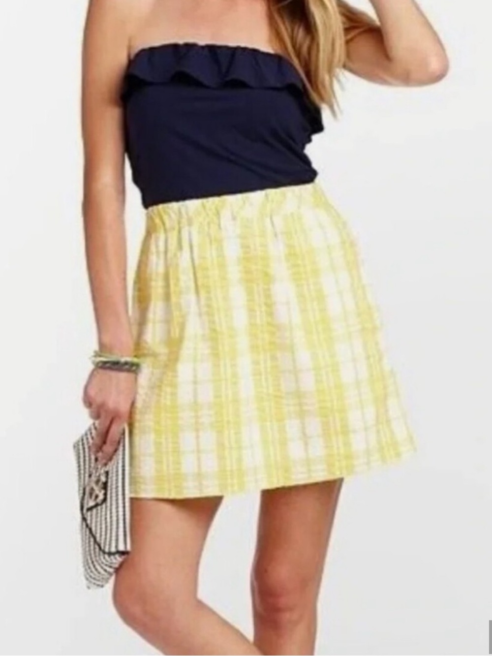 Lilly Pulitzer Strapless Navy Ruffle and Yellow Plaid Mini Dress